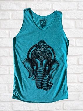 Women's Teal Tank Top with Black Elephant Graphic
